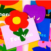 A colorful arrangement of mini flower thank you cards featuring bright red, purple, and yellow petals on a white background.
