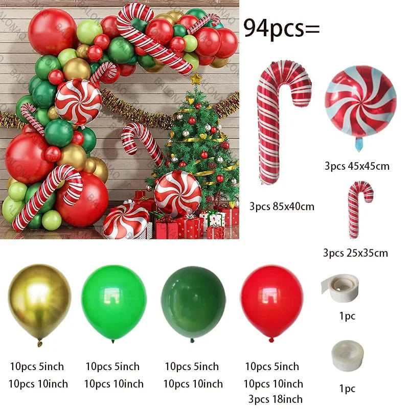 A kit of festive Christmas balloon garland arch featuring red and green balloons, candy cane, and lollipop shapes.