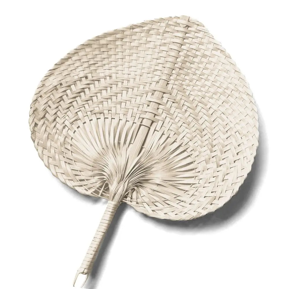 A light beige peach-shaped bamboo woven hand fan with radiating ribs.