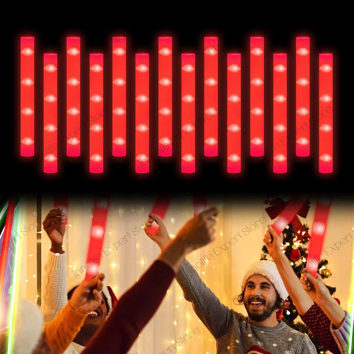 A row of red LED foam glow sticks are illuminated, with people holding them in a festive setting.