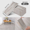 A box of 32 wood grain peel-and-stick floor and wall stickers in a light gray tone, showing the product size and application.