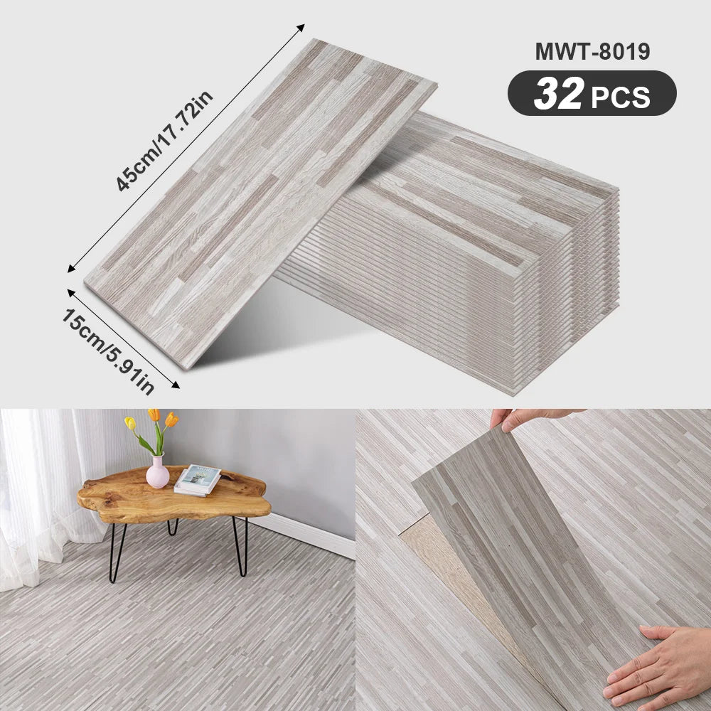 A box of 32 wood grain peel-and-stick floor and wall stickers in a light gray tone, showing the product size and application.