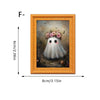 A framed picture of a cute white ghost with pink flowers and bats, designed as a Halloween fridge magnet.