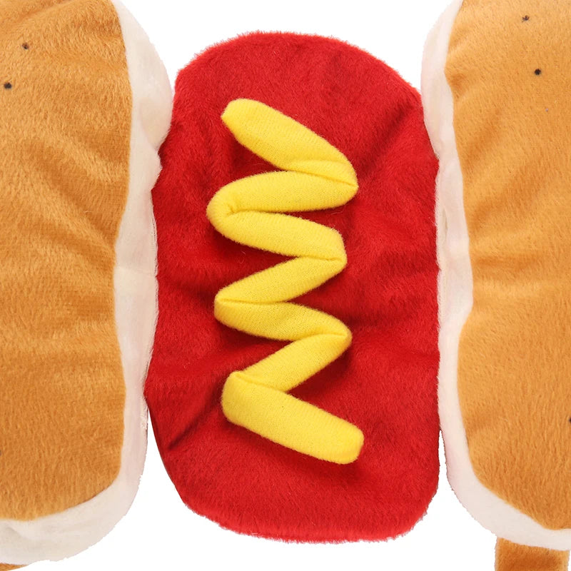 A plush costume resembling a hot dog, featuring brown and white fabric with a yellow coiled element.