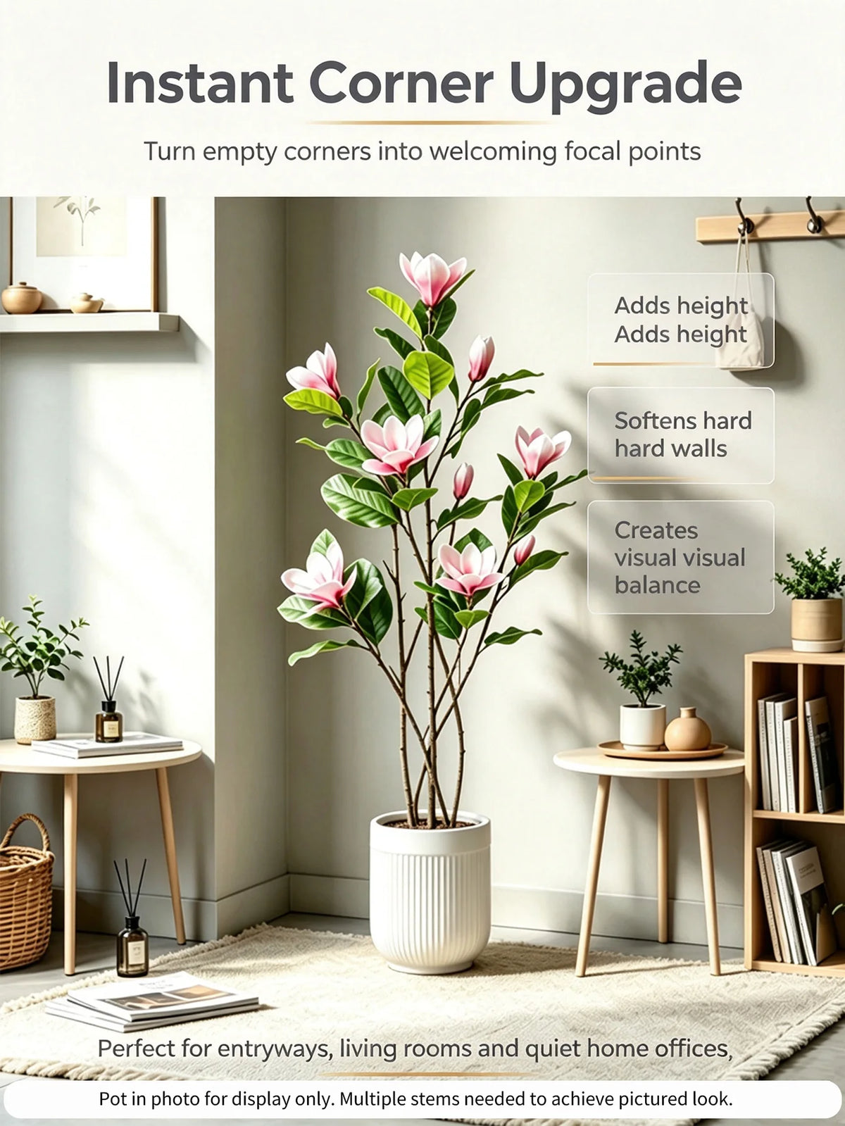 An instant corner upgrade featuring an artificial magnolia tree with pink silk flowers in a white pot.