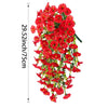 A vibrant red artificial morning glory hanging vine with small yellow flowers, measuring 29.5 inches long.