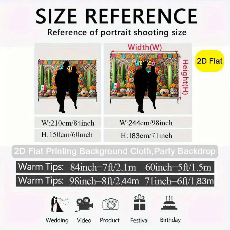 Reference guide for a 2D flat printing background cloth used in portrait shooting, showing size dimensions.
