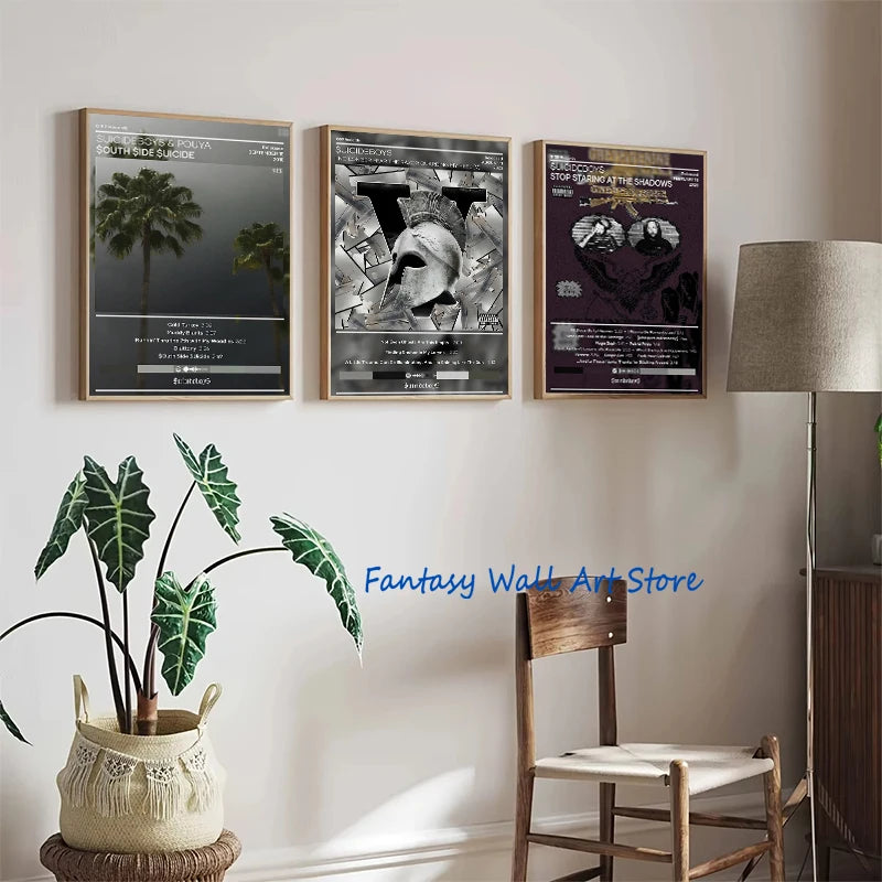 Three framed canvas art prints featuring abstract music album covers displayed on a white wall.