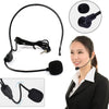 A black wired headset microphone with an adjustable boom and earphone, shown next to a woman wearing a blazer.
