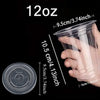 A hand holds a clear plastic cup with a lid, demonstrating the size of the disposable plastic cups.