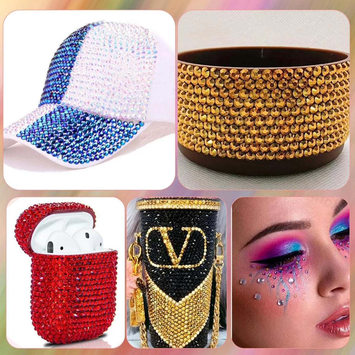 A collection of rhinestone accessories including a baseball cap, a gold bracelet, a red storage basket, and an eye makeup loo