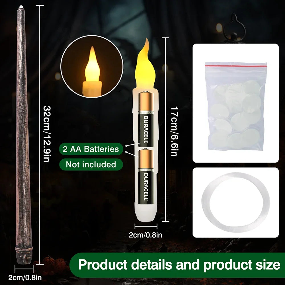 A Halloween LED floating candle with a magic wand remote and battery pack shown next to its components.