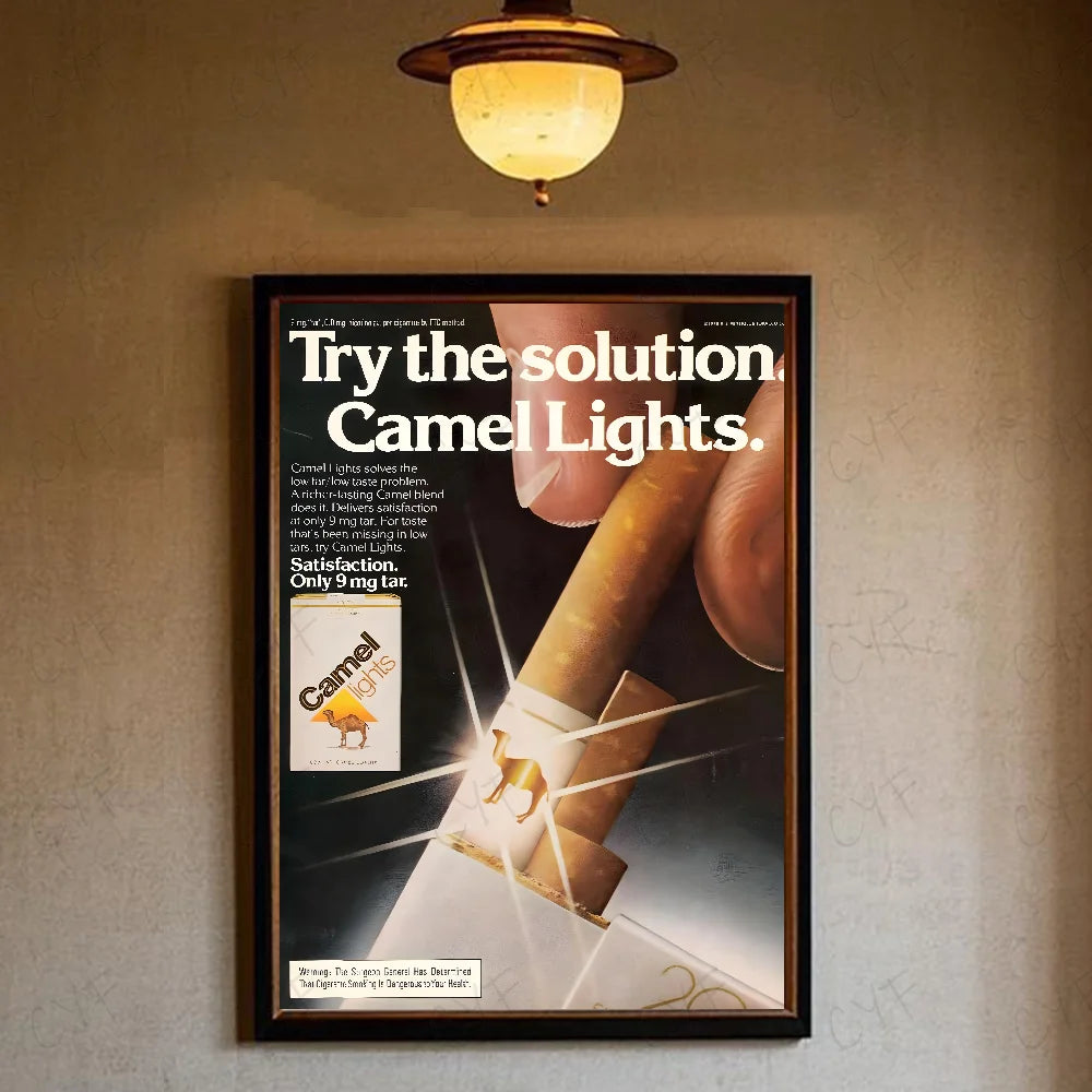 A vintage poster advertising Camel Lights cigarettes, featuring a stylized depiction of the product.