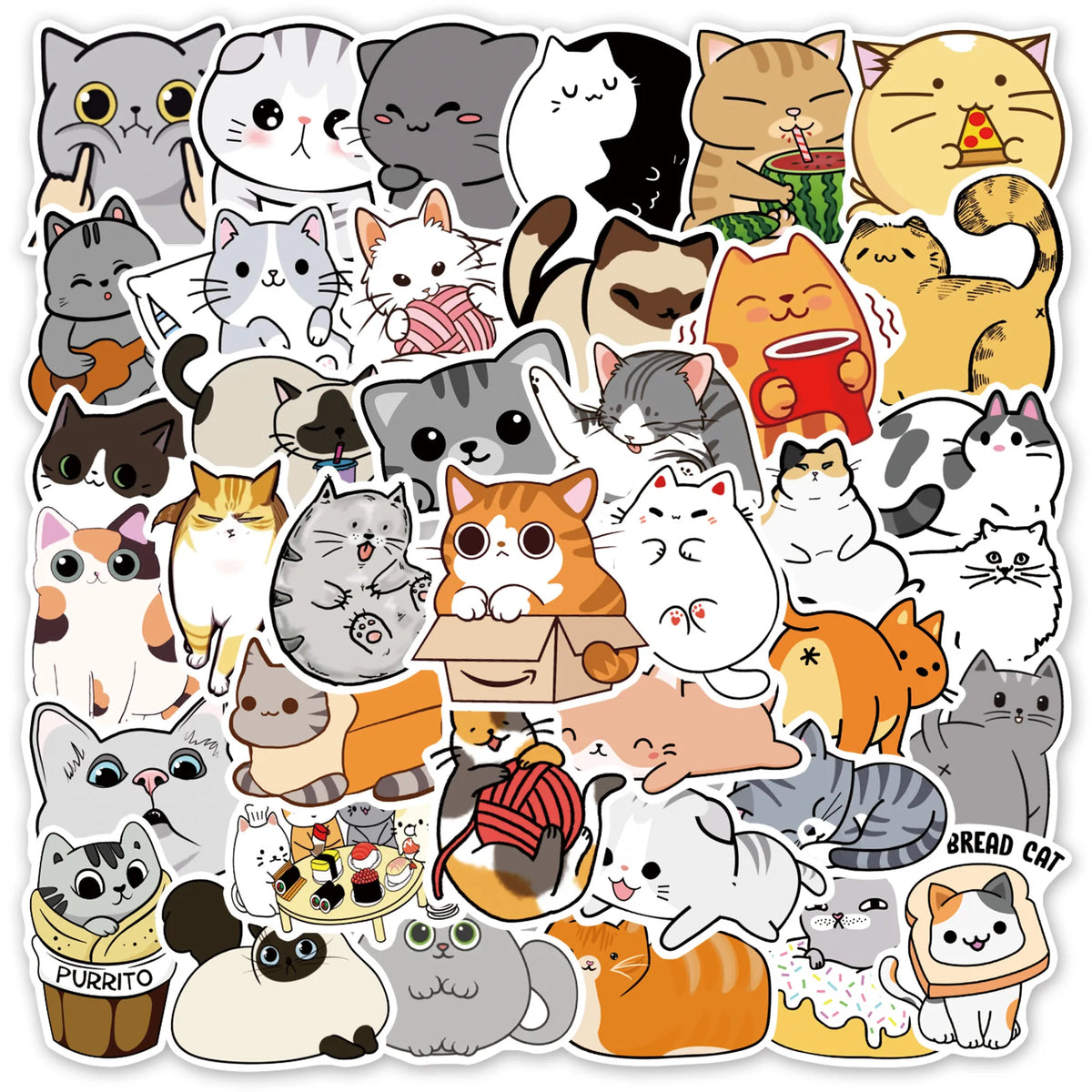 A collection of funny cartoon cat meme stickers featuring various cats in different poses and expressions.