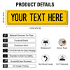 Yellow metal street sign with black text and details about its material durability and features