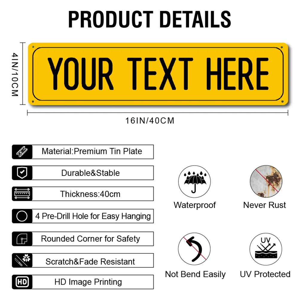 Yellow metal street sign with black text and details about its material durability and features