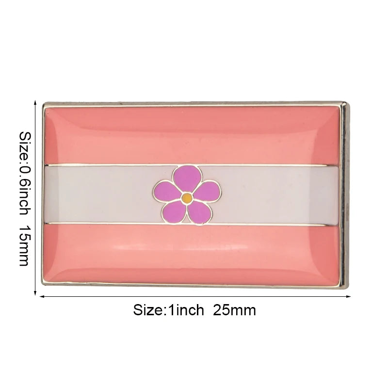 Pink and white striped lapel pin featuring a purple flower design.