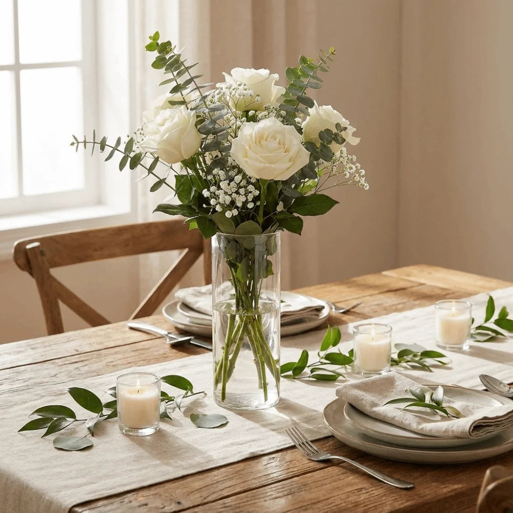 A clear glass vase filled with white roses and greenery on a wooden table.