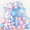 A large arrangement of pastel pink and blue latex balloons forming a decorative backdrop.