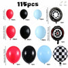 A set of 115 balloons including red, black, and light blue balloons, some with racing themes.
