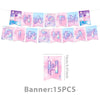 A banner featuring pink and purple letters spelling HAPPY BIRTHDAY in various sizes for a party decoration set.