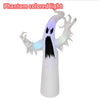 A white inflatable terror decoration with a black ghost face and colored light features.