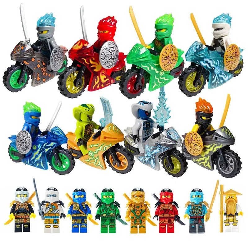 A collection of various golden ninja building block figures in different colors and styles.