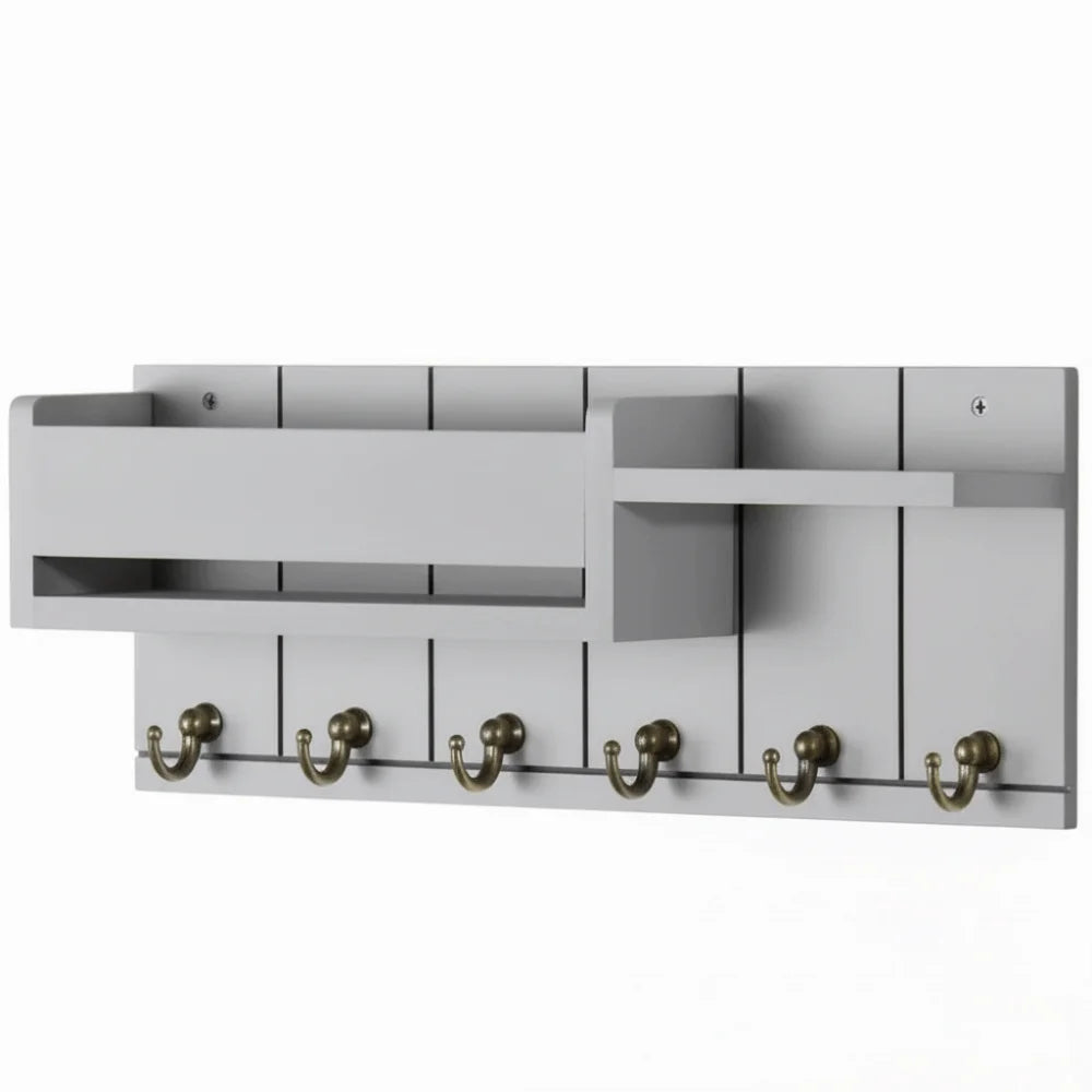 A modern gray wooden key holder featuring six hooks and a mail sorter tray.