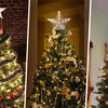 A composite image showing three decorated Christmas trees with glowing lights and star toppers.