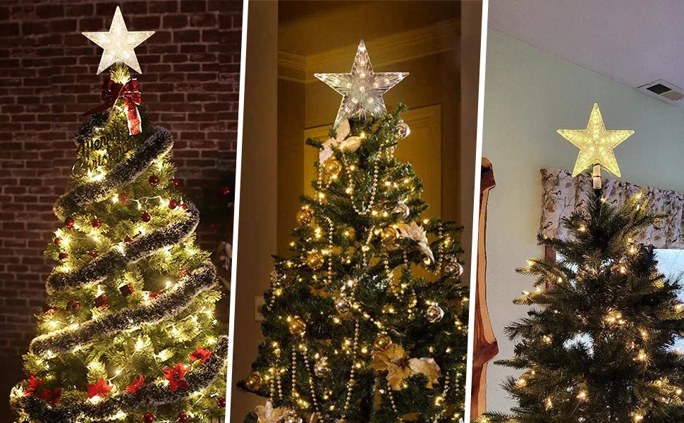 A composite image showing three decorated Christmas trees with glowing lights and star toppers.