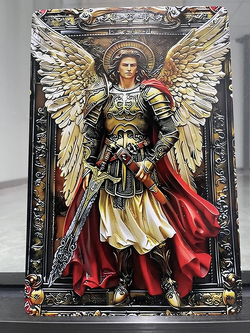 A metal sign depicting Jesus and the Virgin Mary with wings, set in an ornate frame.