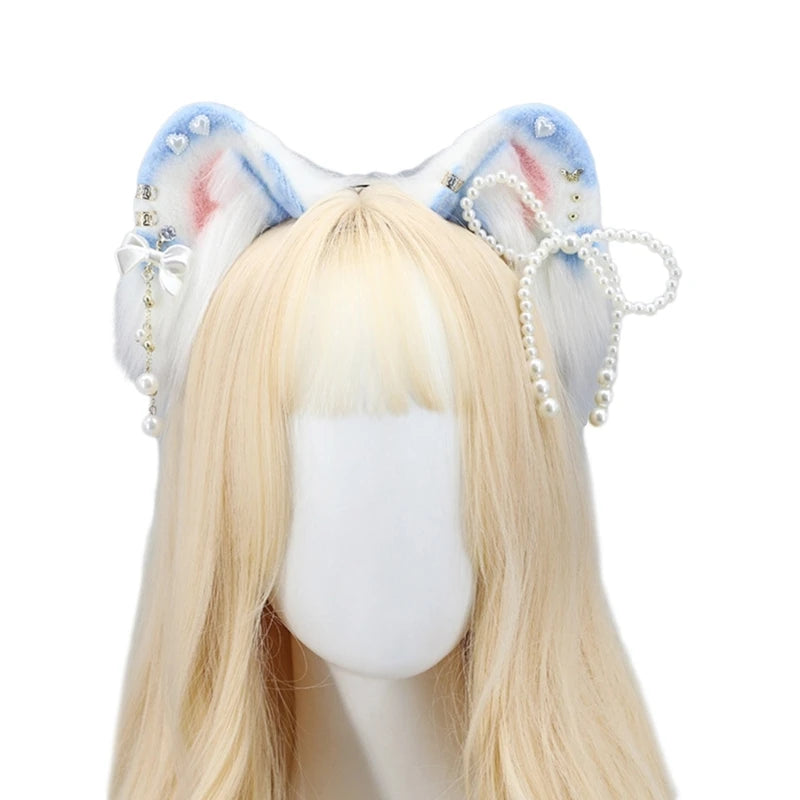 Light blonde wig wearing a blue and white furry fox ears headband for cosplay