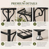 A set of black metal plant stands featuring scroll designs, open grid shelves, and reinforced supports for indoor and outdoor