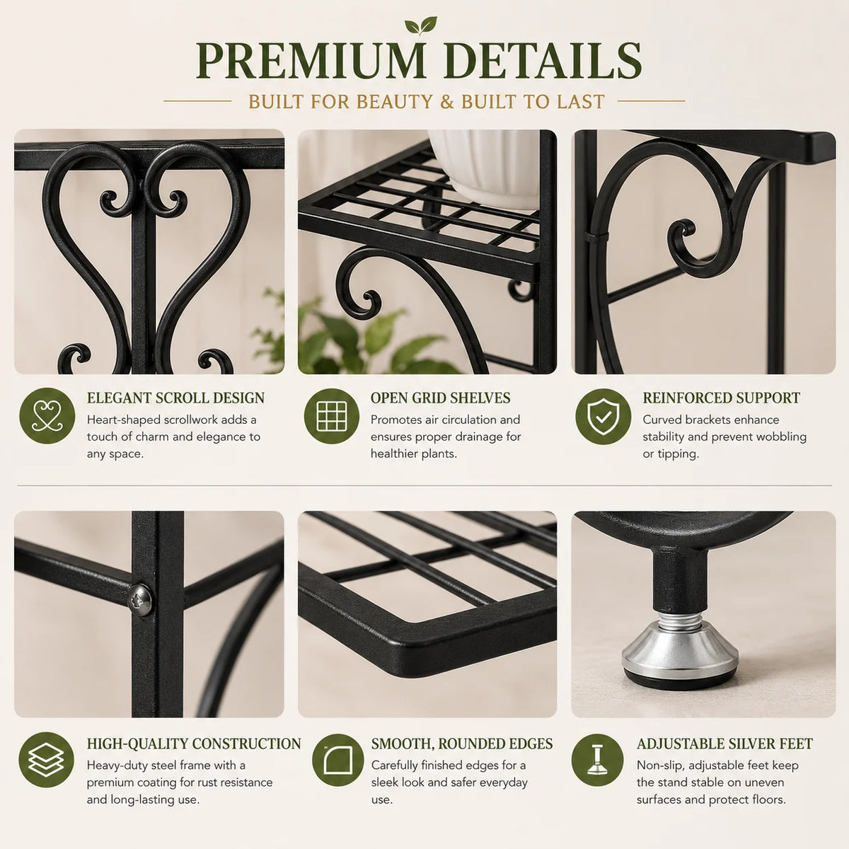 A set of black metal plant stands featuring scroll designs, open grid shelves, and reinforced supports for indoor and outdoor