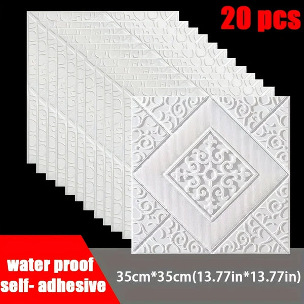 A stack of 20 white 3D brick pattern self-adhesive wall panels shown at an angle.