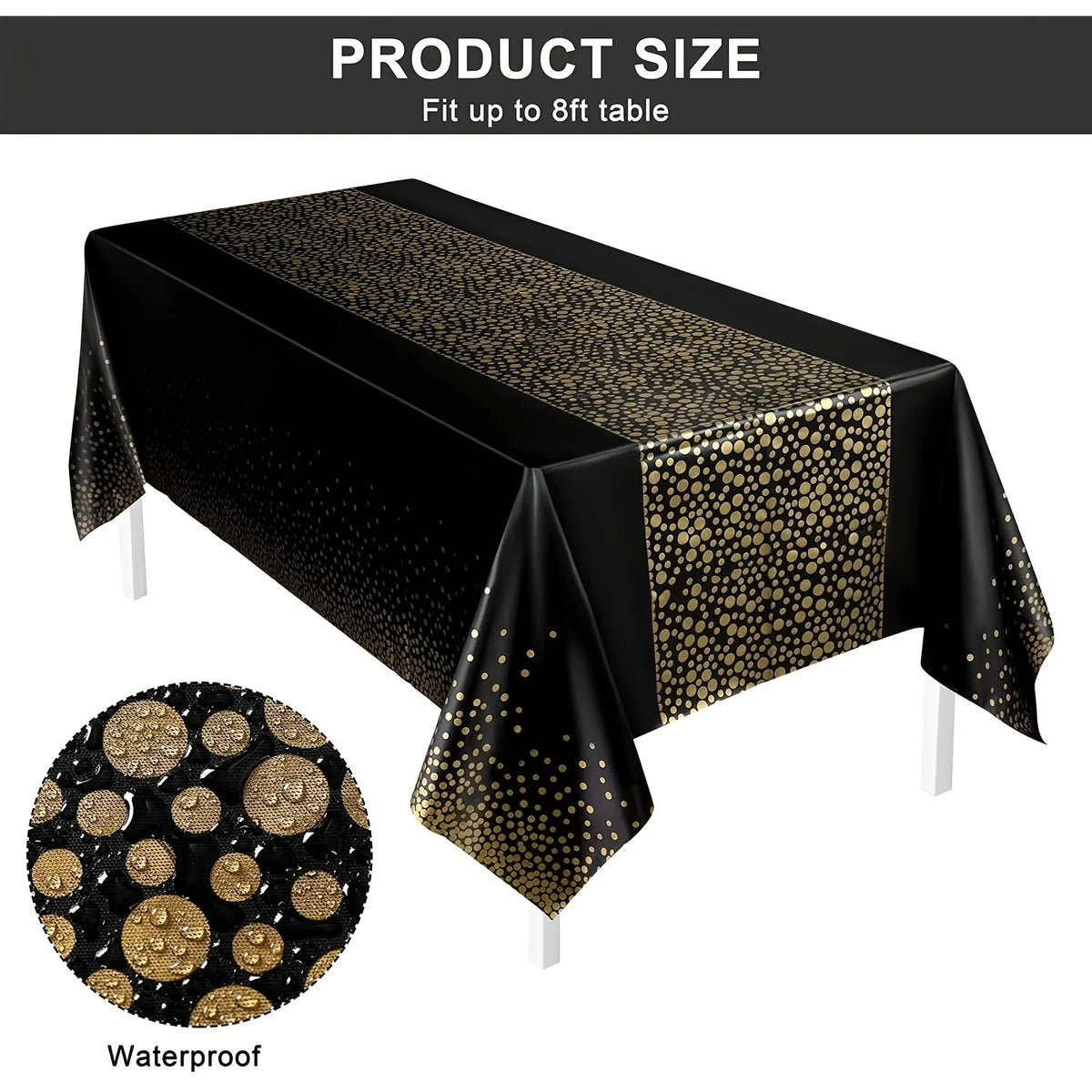 Black tablecloth with gold polka dots, waterproof fabric, displayed on a table.