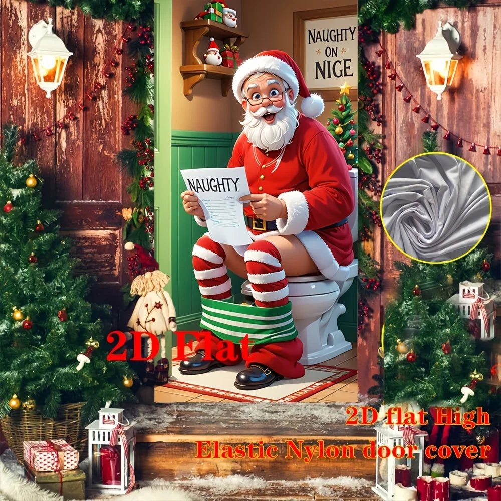 A festive Christmas decor featuring a Santa figure on a toilet, designed as a 2D flat elastic nylon door cover for bathroom d