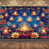 A vibrant Diwali backdrop featuring glowing oil lamps and colorful floral patterns against a dark blue background.