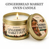Gingerbread Market Oven scented candle in a gold tin with a Christmas themed label