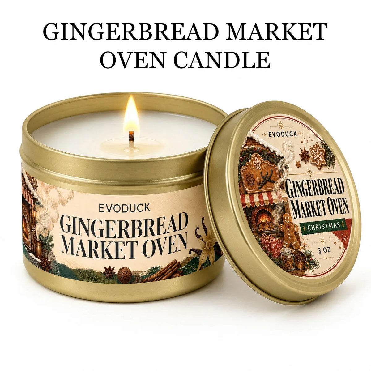 Gingerbread Market Oven scented candle in a gold tin with a Christmas themed label
