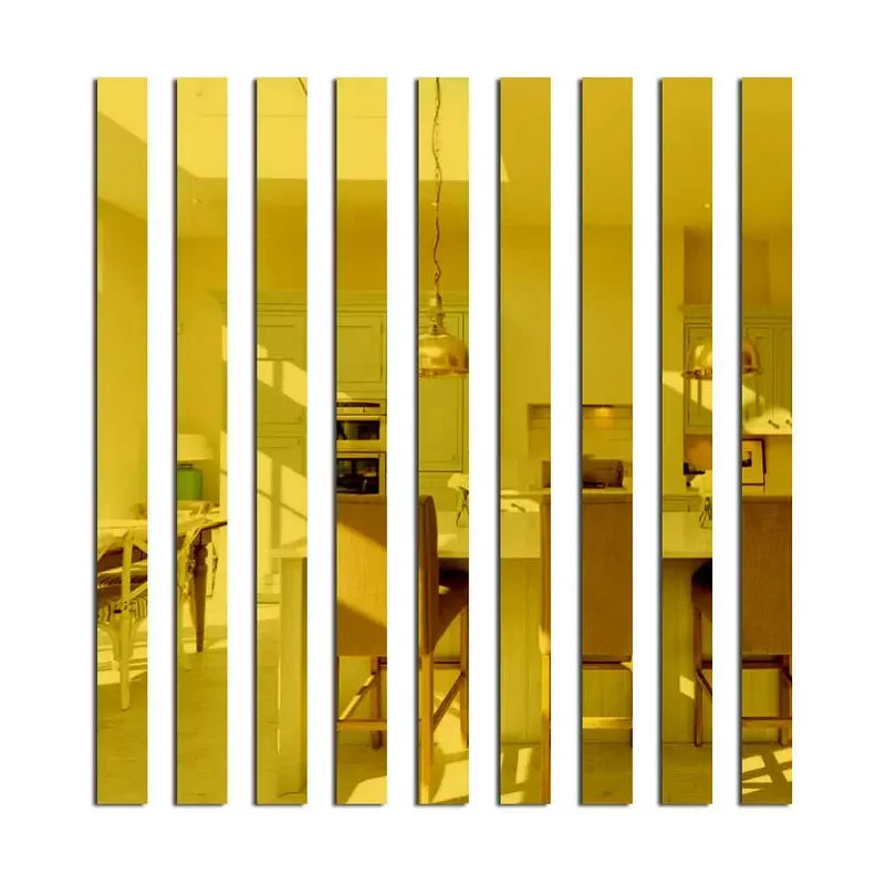 A row of vertical acrylic mirror strips in gold color used as wall decor.