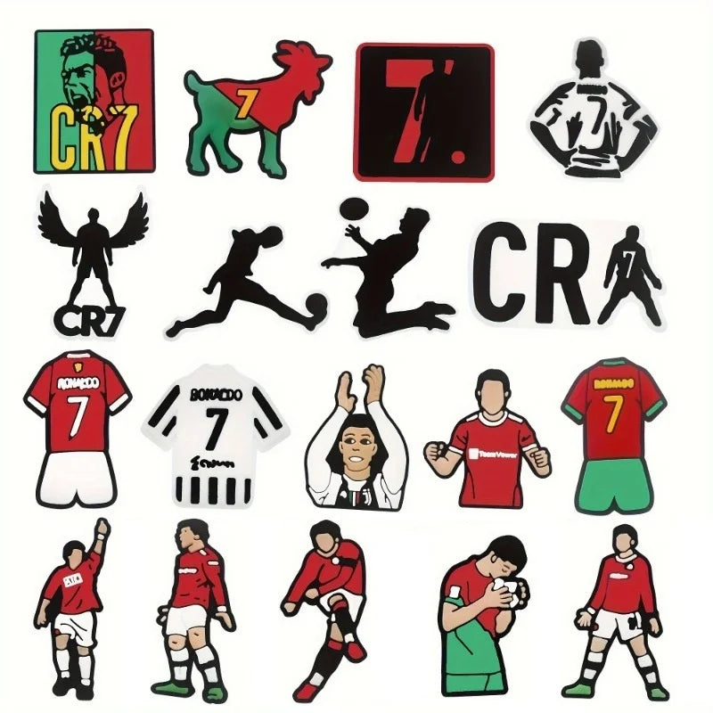 A collection of cartoon football shoe charms featuring various team logos and numbers like CR7 and other football-related des