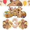 A collection of thirty gold and brown capybara-themed balloons for a birthday party decoration kit.