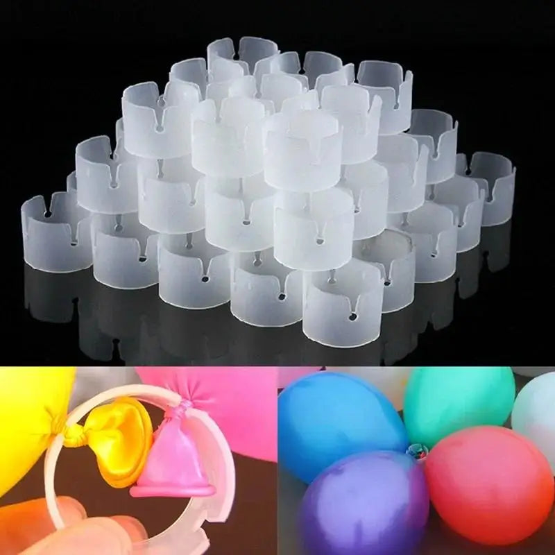 White plastic rings used to connect and support balloon arches for party decor