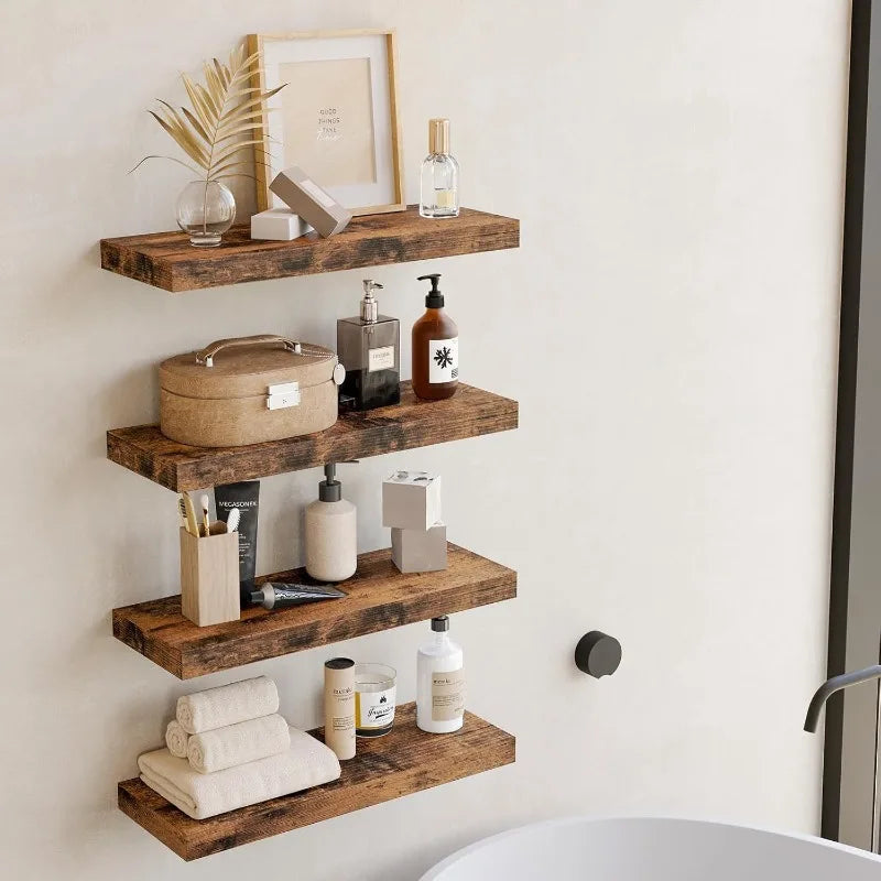 A modern wooden floating wall shelf organizer displaying various skincare and bath products.