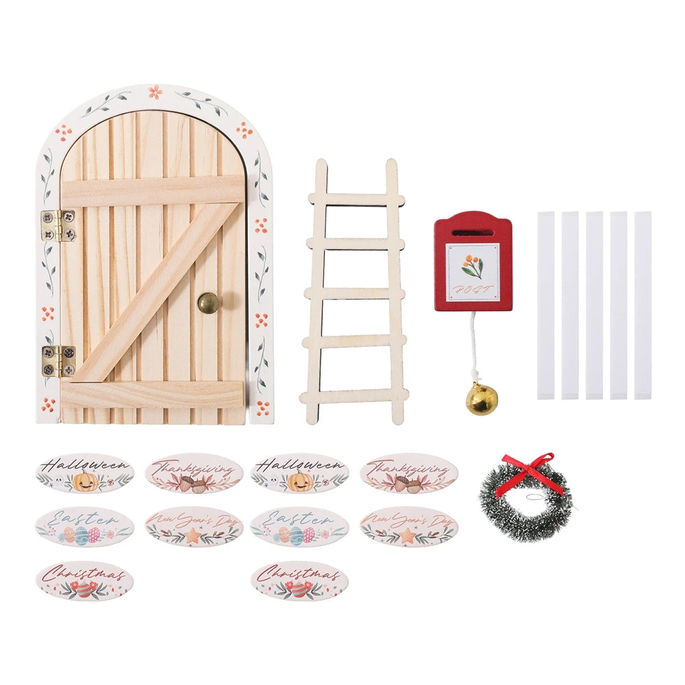 A wooden fairy elf door miniature decoration featuring a light wood door with decorative elements and a small tooth box.