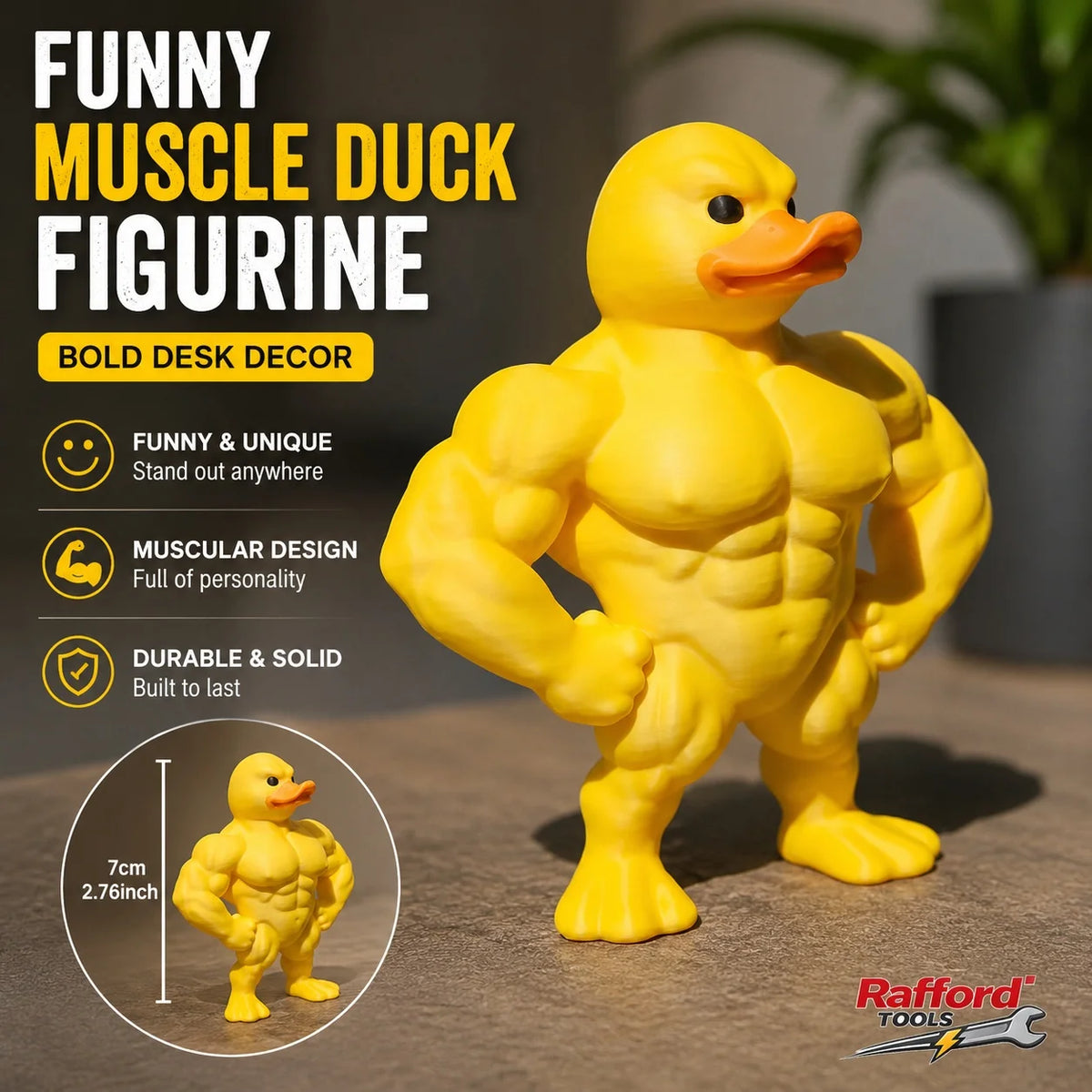 A yellow muscular duck figurine standing on a dark surface.