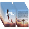 A book cover with text about salvation and faith, featuring a silhouette of a person against a sunset background.