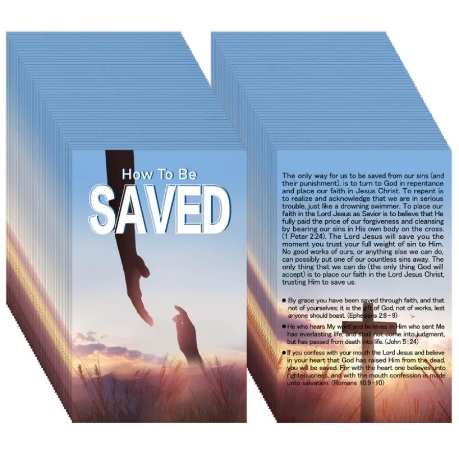 A book cover with text about salvation and faith, featuring a silhouette of a person against a sunset background.