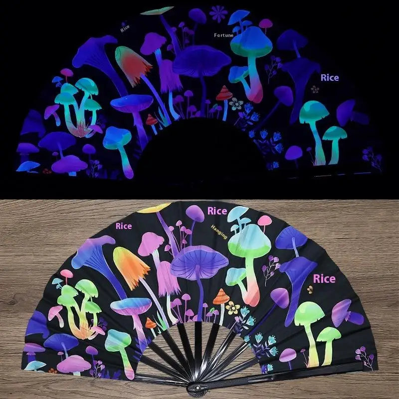 A folding fan decorated with UV fluorescent mushrooms and plants.